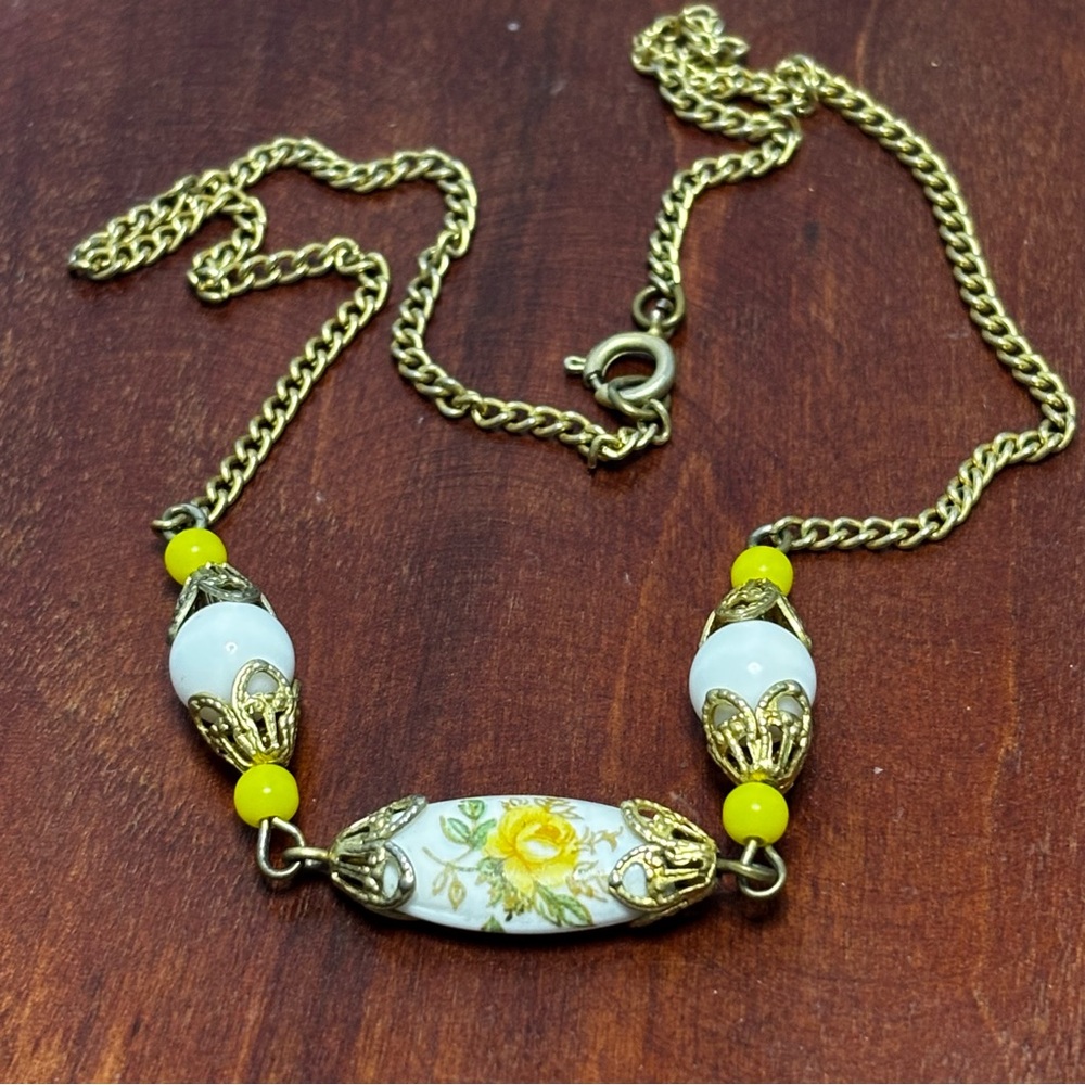 SOLD Vintage milk glass and yellow rose transfer wear necklace